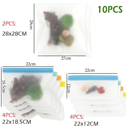 10Pcs Silicone Food Storage Bag Leakproof Reusable Stand Up Zip Shut Bag Cup Fresh Bag Food Storage Bag Fresh Wrap - AMULET RING STORE