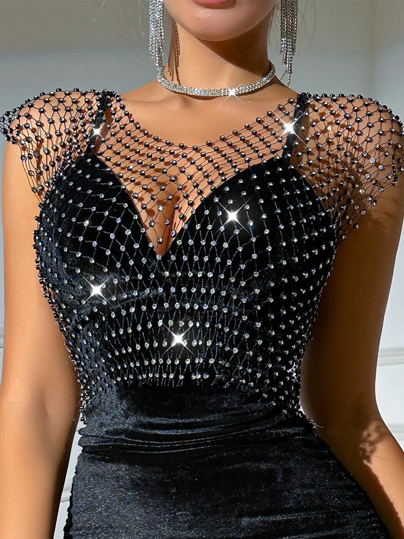 Sexy see through black rhinestone Crop Top Women 2025 Summer Sparkly fishnet beach Party Tank Top night club outfits Tops smock - AMULET RING STORE