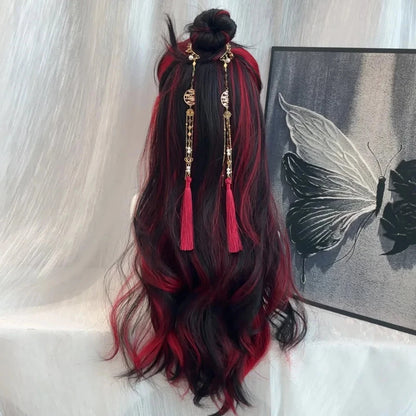 Black Ombre Red Layered Wig Synthetic Long Wavy Women Fluffy Lolita Style Cosplay Wig Middle Part for Daily Party - AMULET RING STORE