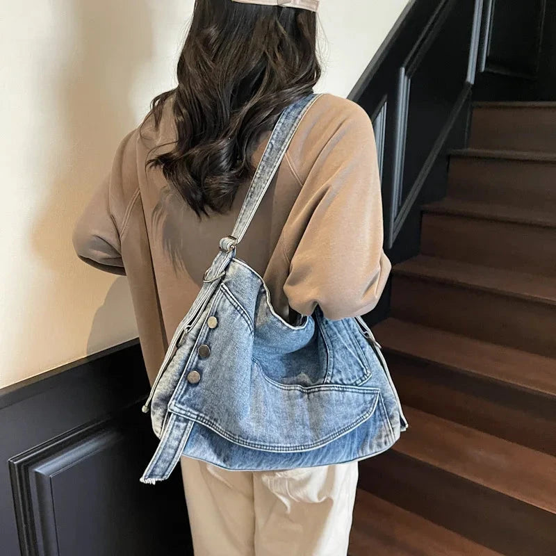 2025 New Women's Denim Tote Bag - Retro Crossbody Shoulder Bag with Large Capacity for Work & Commute, Fashionable Denim Handbag