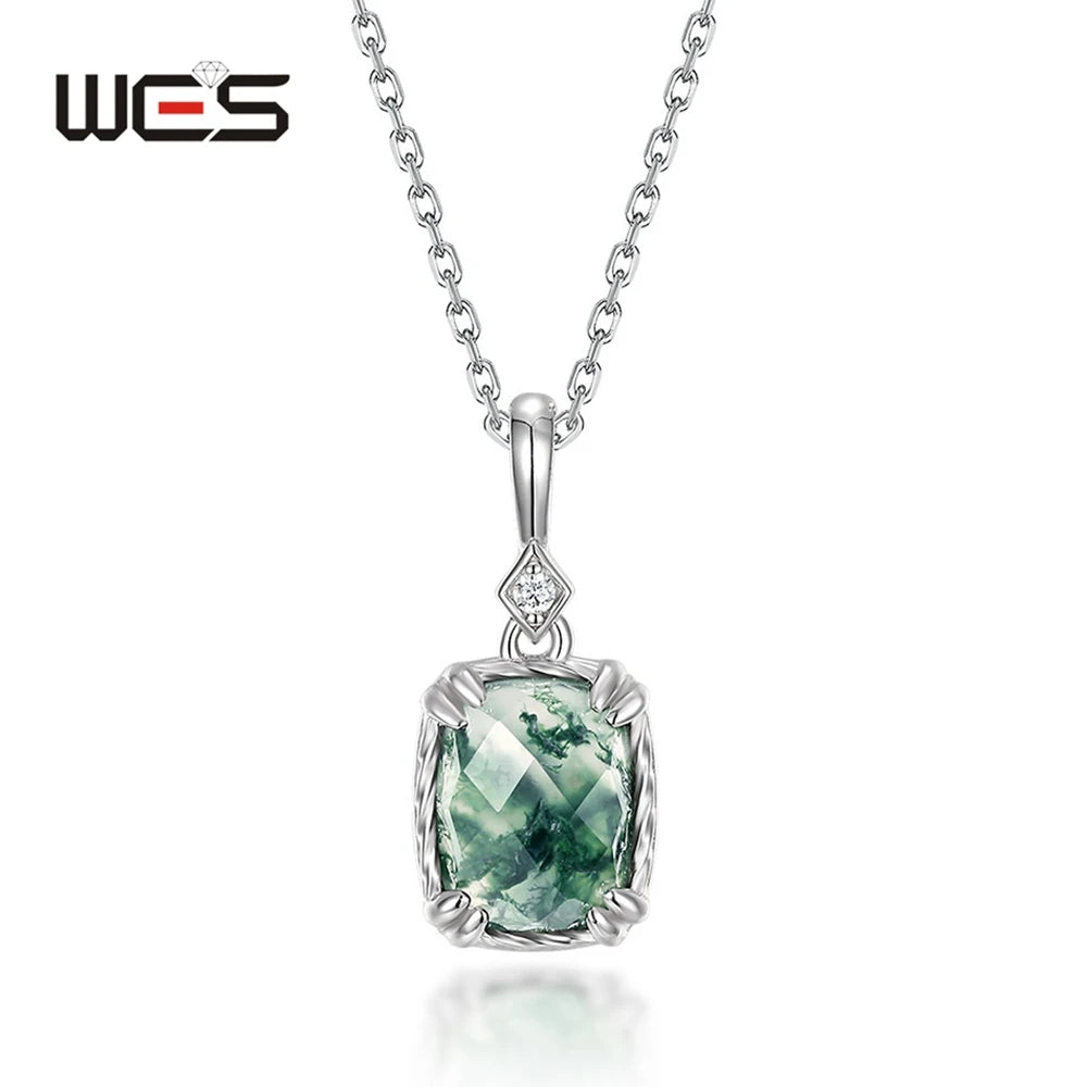 WES 100% 925 Silver Natural Unique Moss Agate Pendant Necklace for Woman Forest Jewelry Engagement Gift Boho Style Wholesale - AMULET RING STORE