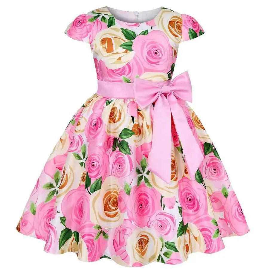 Summer Girls Rose Print Dress Princess Wedding Birthday Party Frocks Satin Children Vestidos Dresses For Girl Christmas Clothing