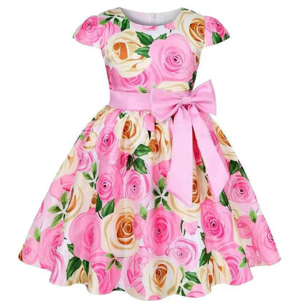 Summer Girls Rose Print Dress Princess Wedding Birthday Party Frocks Satin Children Vestidos Dresses For Girl Christmas Clothing