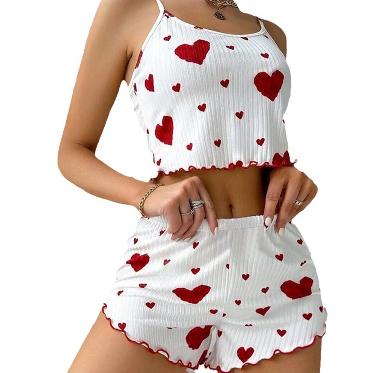 Women's Pajamas Set Sleepwear 2 PCS Short Tank Tops And Shorts S M L White Ventilate Soft Casual Love Printing - AMULET RING STORE