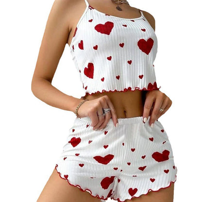 Women's Pajamas Set Sleepwear 2 PCS Short Tank Tops And Shorts S M L White Ventilate Soft Casual Love Printing - AMULET RING STORE