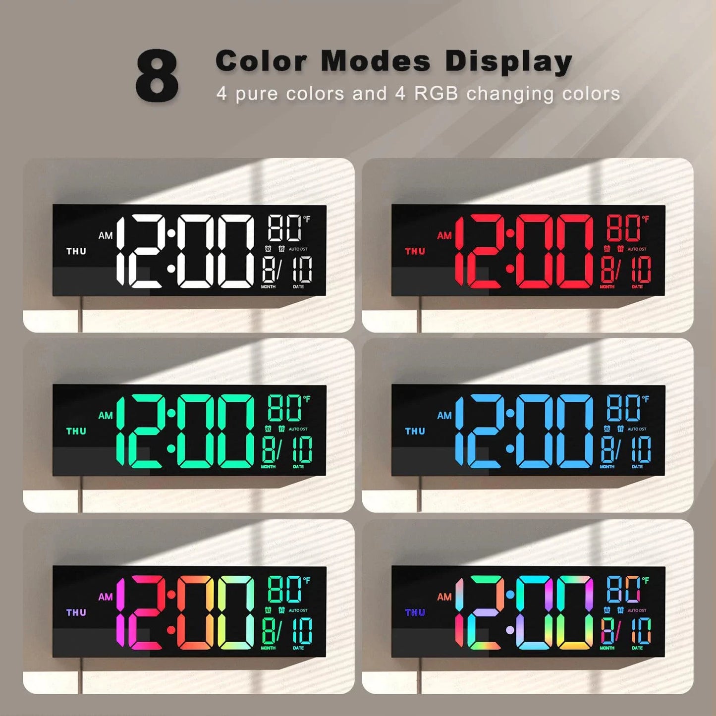 16" Large Digital Wall Clock, Big LED Display with Remote, 8 RGB Color, Alarm, DST, Temperature for Living Room, Kitchen
