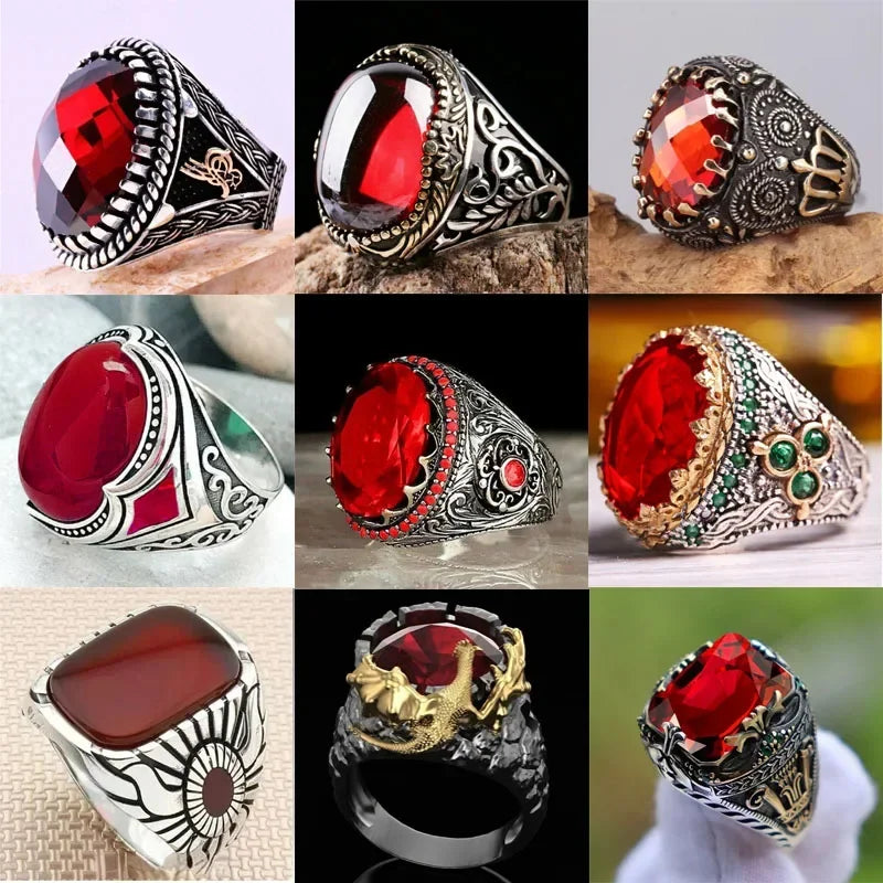 Red Emerald Men's Ring Turkey Retro Domineering Personality Ring