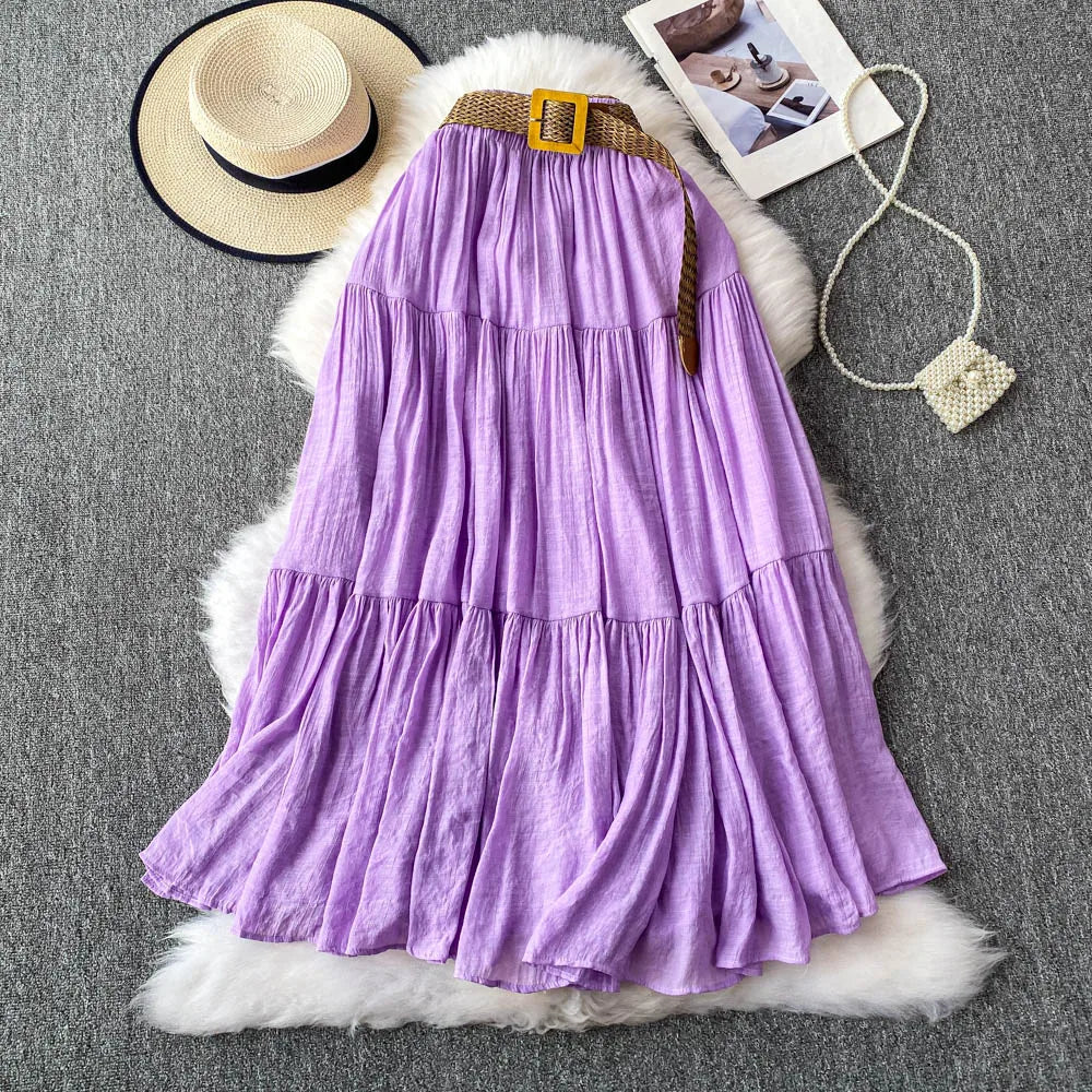 White High Waist A-Line Midi Skirt Women's Summer Casual Flared Cake Skirt Korean Sle Baking Poer Skirt for Young Women