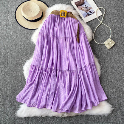 White High Waist A-Line Midi Skirt Women's Summer Casual Flared Cake Skirt Korean Sle Baking Poer Skirt for Young Women