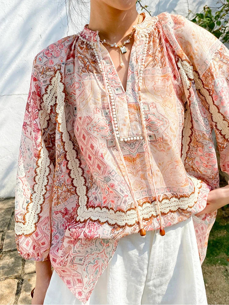 Boho Flrench Chic Floral Blouse Shirt Printed Summer Loose Lace Hollow Out Sexy Ladies Vocation Women Long Sleeve Top Shirts New