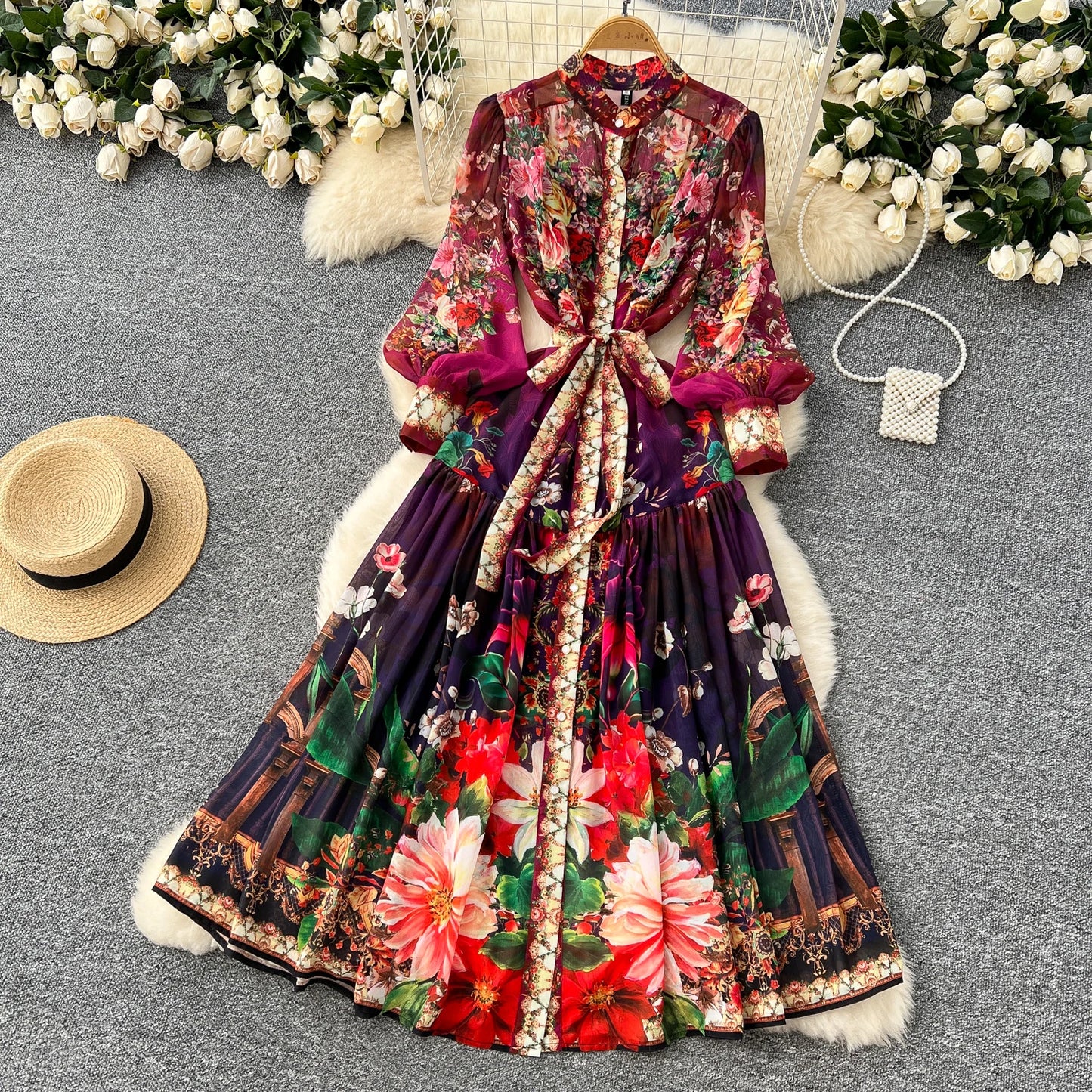 SINGREINY Vintage Print Chiffon Dresses Women Lantern Sleeve O Neck Design Fashion High Quality Court Floral Pleated Long Dress
