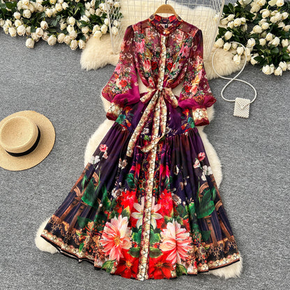 SINGREINY Vintage Print Chiffon Dresses Women Lantern Sleeve O Neck Design Fashion High Quality Court Floral Pleated Long Dress