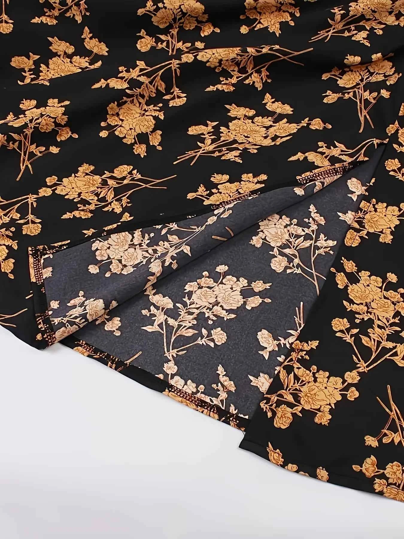 2024 European and American fashion plus size women's new flower print A-line skirt bow tie slit dress