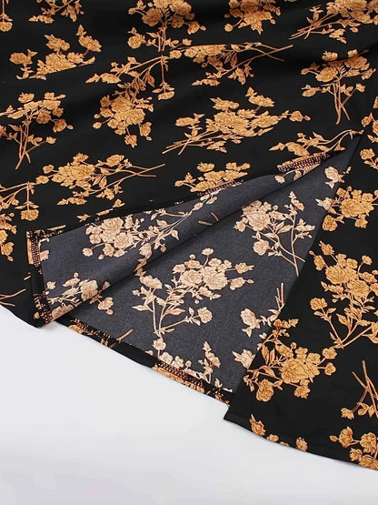 2024 European and American fashion plus size women's new flower print A-line skirt bow tie slit dress