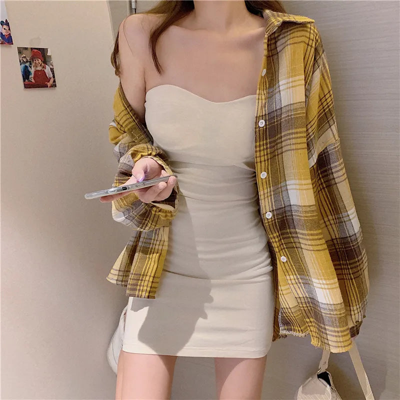 Plaid Shirt Women Spring Long Sleeve Top Female Vintage OL Fashion Single Breasted Blouse Ladies Preppy Style Loose Check Shirts