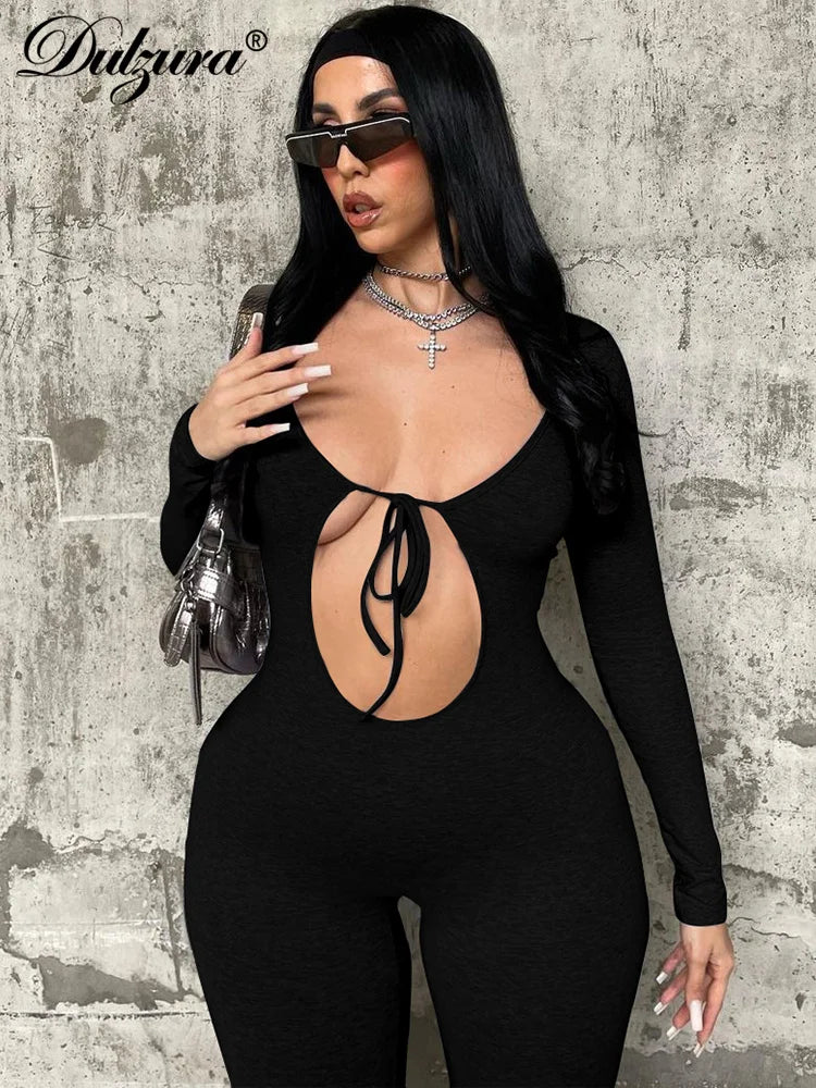 Dulzura Solid Pure Hole Hollow Out Straps Lace-Up Jumpsuit Long Sleeves 2023 Summer Autumn For Women Sexy Streetwear Wholesale - AMULET RING STORE