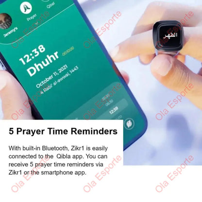 Qibla Smart Tasbih Tally Counter for Muslims Zikr Ring Digital Tasbeeh 5 Prayer Time Vibration Reminder Waterproof Qibla Subhah