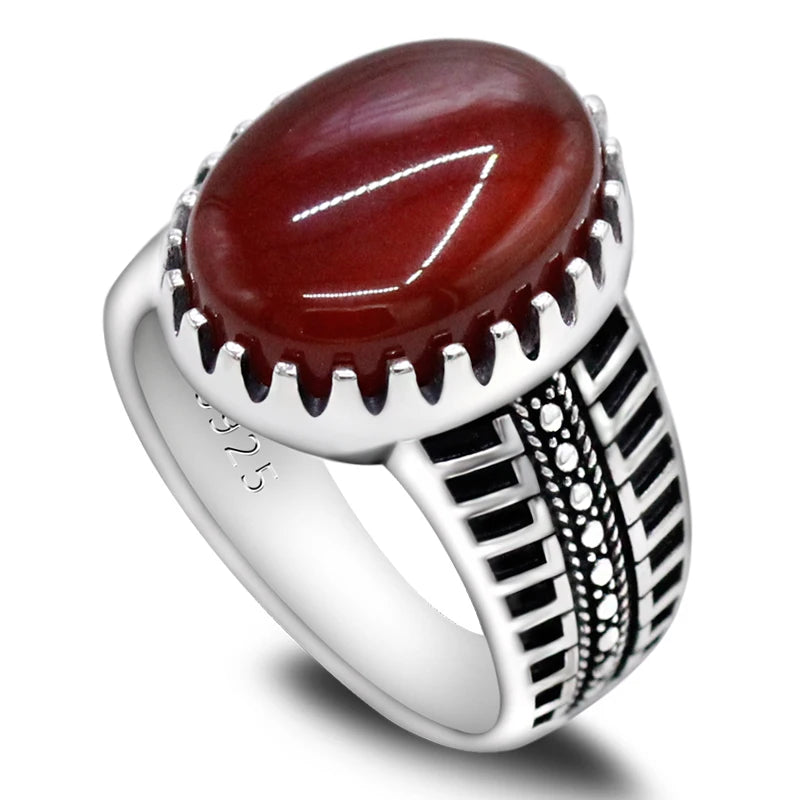 Türkiye Men's Handmade Ring S925 Silver Classic Vintage Natural Red Agate Fashion Holiday Jewelry Holiday Party Gift