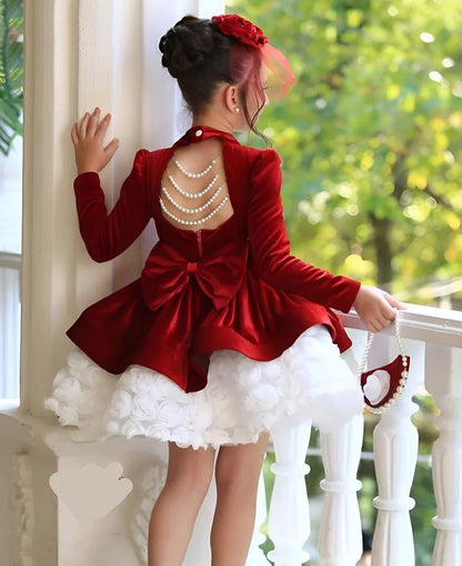 Customized Red Flower Girl Dresses for Wedding Bow Beaded Knee Length First Communion Kids Birthday Party Gown Party Dress