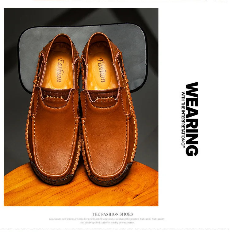 New Handmade Leather Men Shoes Casual Comfortable Men Loafers Slip On Leather Shoes Men Flats Hot Sale Outdoor  Walking Shoes