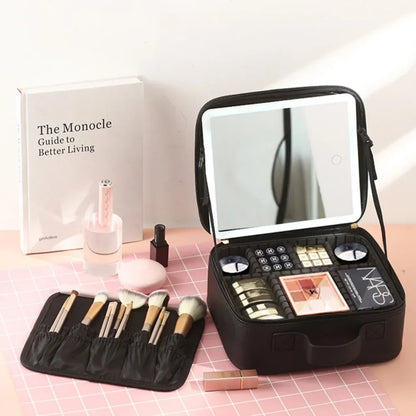 Makeup Organizer with Mirror Light 3 Adjustable Brightness Travel Train Case Cosmetic Bag Portable Storage Partition Waterproof - AMULET RING STORE