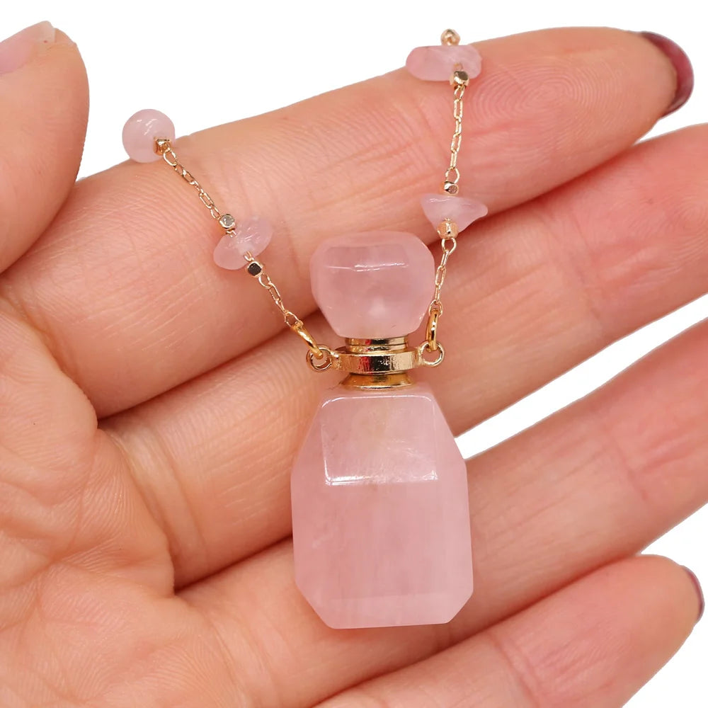Natural Stone Rose Quartz Perfume Bottle Essential Oil Diffuser Reiki Healing Exquisite Necklace Jewelry Gift - AMULET RING STORE