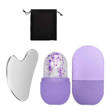 3-piece facial cleansing tool, stainless steel heart-shaped scraping tool, ice facial roller, a flannel bag