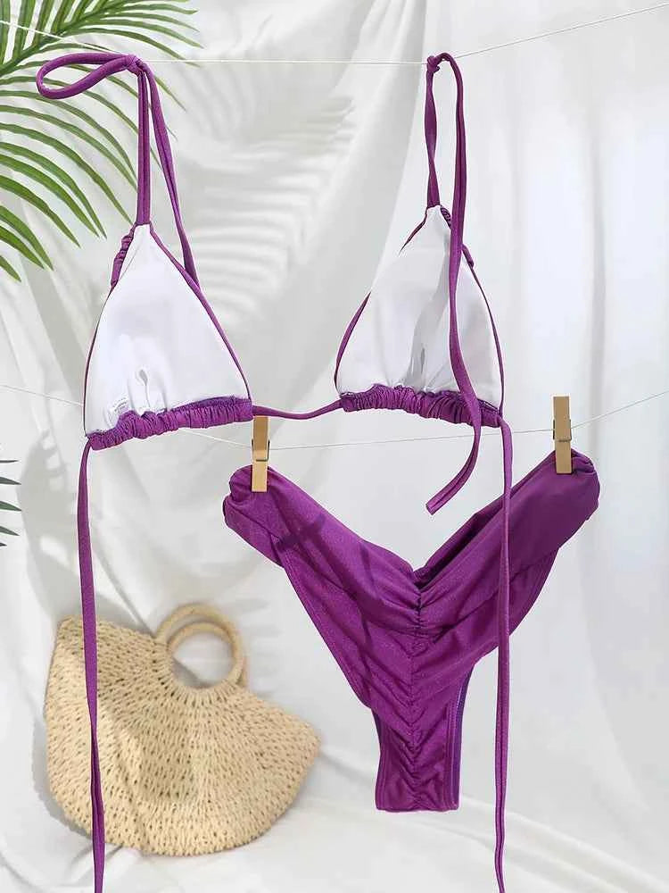 Sexy Folds Bikini Set Solid Micro Bikinis Women Swimsuit Female Triangle Swimwear Beach Wear Bathing Suit