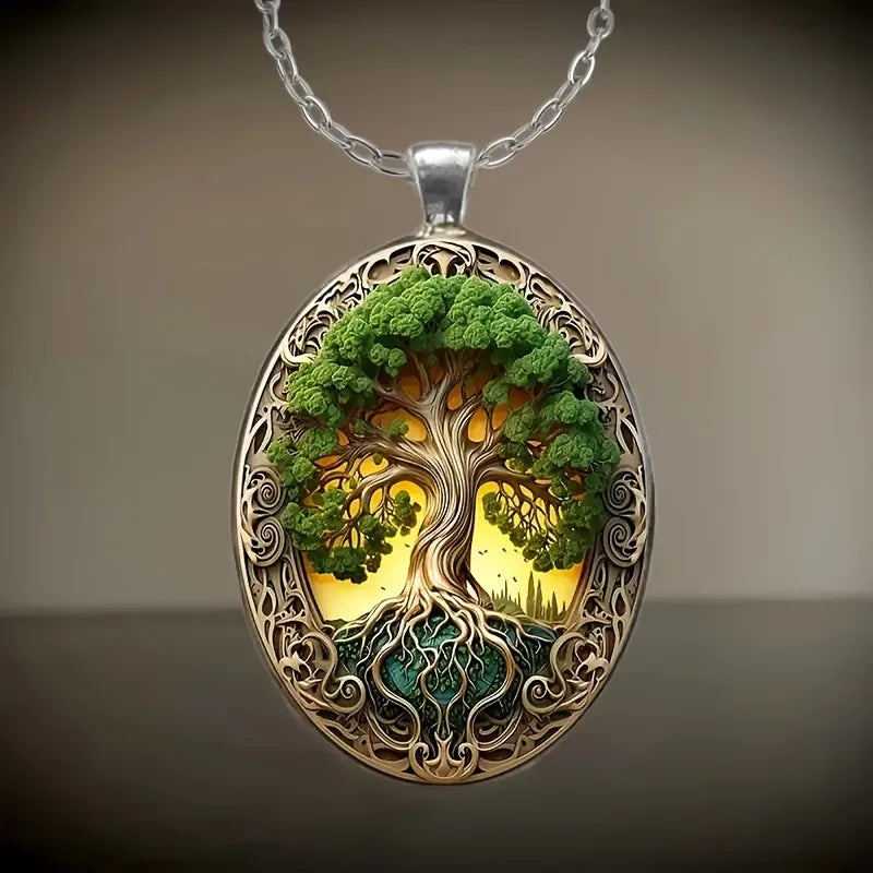 New Fashionable and Elegant Tree of Life Pattern Elliptical Glass Alloy Pendant Necklace Jewelry Wholesale--
