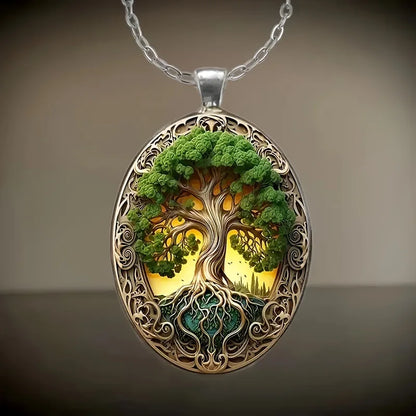 New Fashionable and Elegant Tree of Life Pattern Elliptical Glass Alloy Pendant Necklace Jewelry Wholesale--