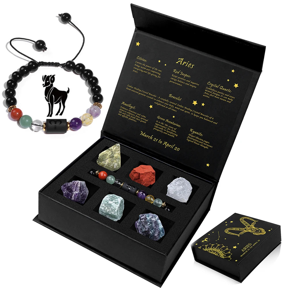 Aries Bracelet Birthday Gift Box To Friend Family Constellation Sign Braided Bracelet With 6 Natural Stone Jewelry For Women Men