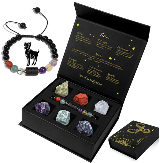 Aries Bracelet Birthday Gift Box To Friend Family Constellation Sign Braided Bracelet With 6 Natural Stone Jewelry For Women Men