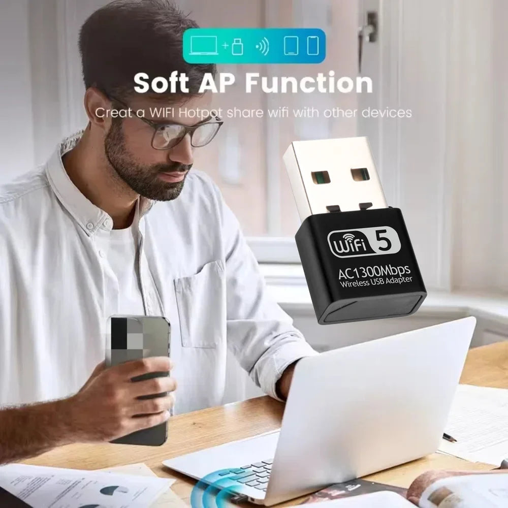 1300Mbps Mini USB Wifi Adapter Network Dual Band 2.4G/5Ghz Ethernet WIFI Lan Adapter Dongle Network Card Wireless Wi-Fi Receiver - AMULET RING STORE