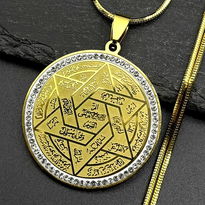 Jewish Star of David Arabic Pendant Necklace for Women Men Stainless Steel Gold Color Rhinestones Solomon Seal Chain Jewelry