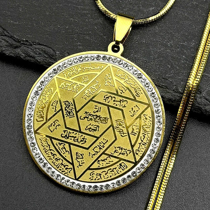 Jewish Star of David Arabic Pendant Necklace for Women Men Stainless Steel Gold Color Rhinestones Solomon Seal Chain Jewelry