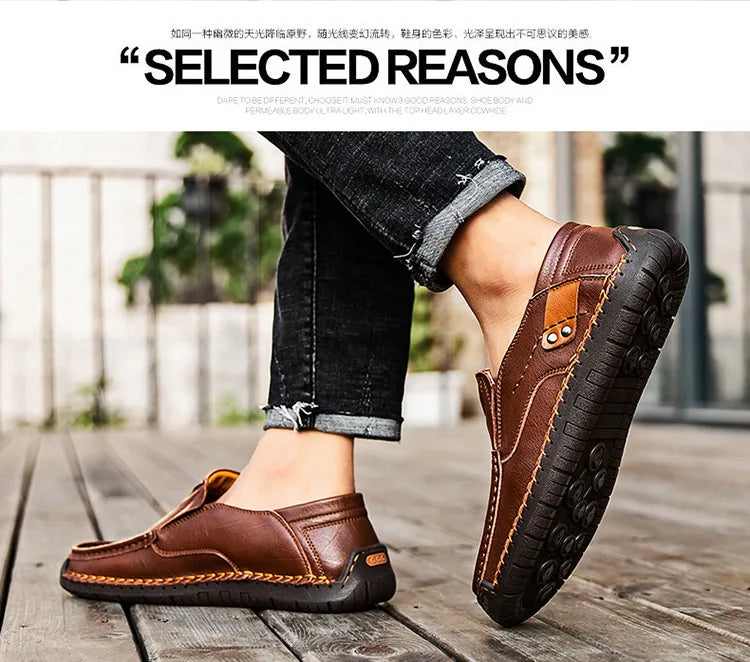 New Handmade Leather Men Shoes Casual Comfortable Men Loafers Slip On Leather Shoes Men Flats Hot Sale Outdoor  Walking Shoes