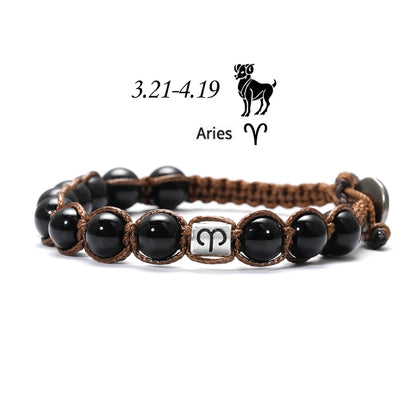 12 Zodiac Natural Stone Obsidian Hand-Woven Bracelets Cancer  Pisces Men's Bracelets Couples Friendship Jewelry pulseras hombre