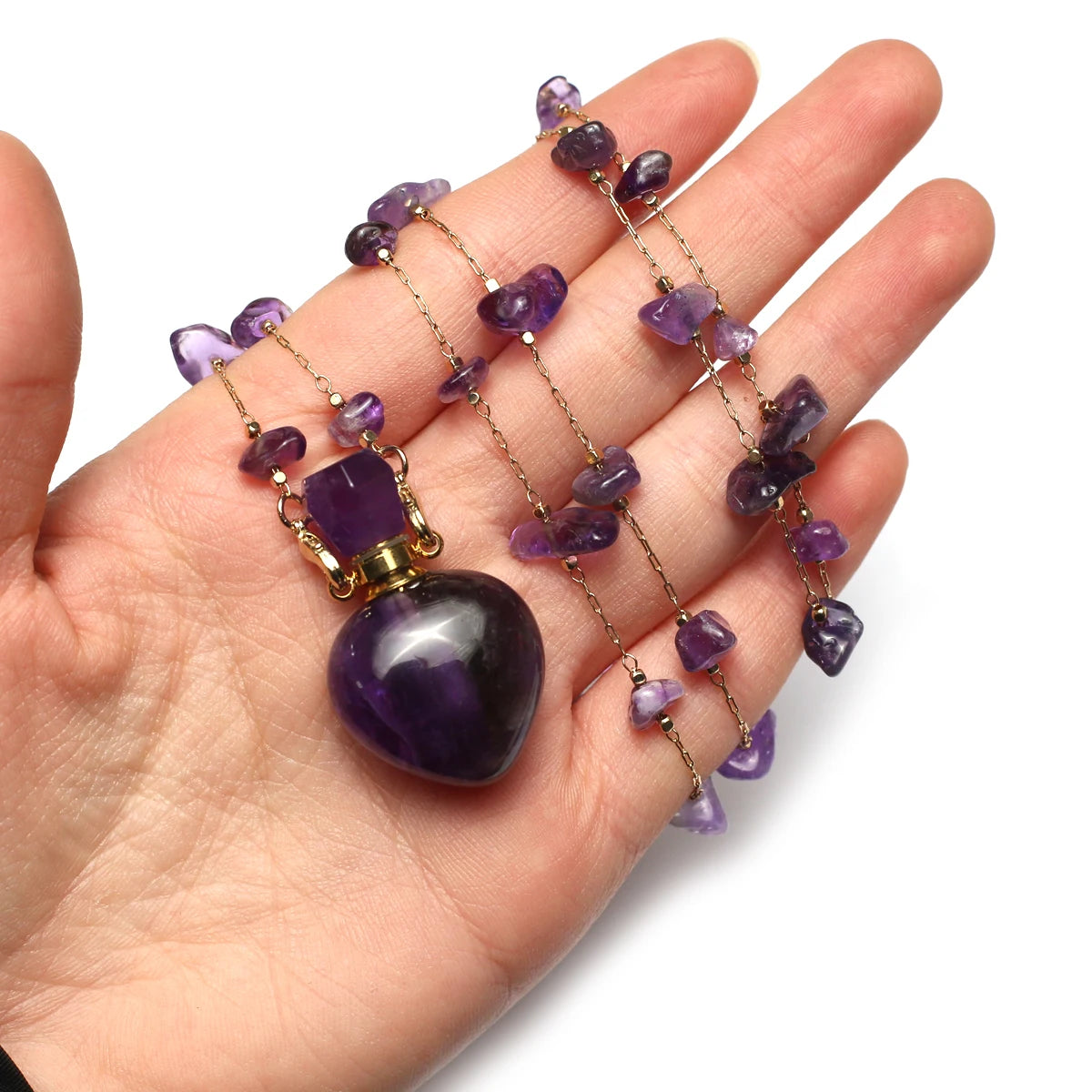 Natural Amethysts Perfume Bottle Necklace Essential Oil Diffuser Amethysts Gravel Stone Chain for Jewerly Party Gift 17x38x13mm - AMULET RING STORE
