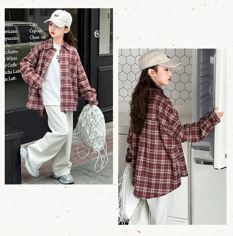 2025 Spring Girls Plaid Shirt Comfort Fashion Teen Kids Tops Clothes Casual All-match Long Sleeve Children Blouse 10 12 13 Years