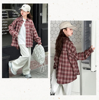 2025 Spring Girls Plaid Shirt Comfort Fashion Teen Kids Tops Clothes Casual All-match Long Sleeve Children Blouse 10 12 13 Years