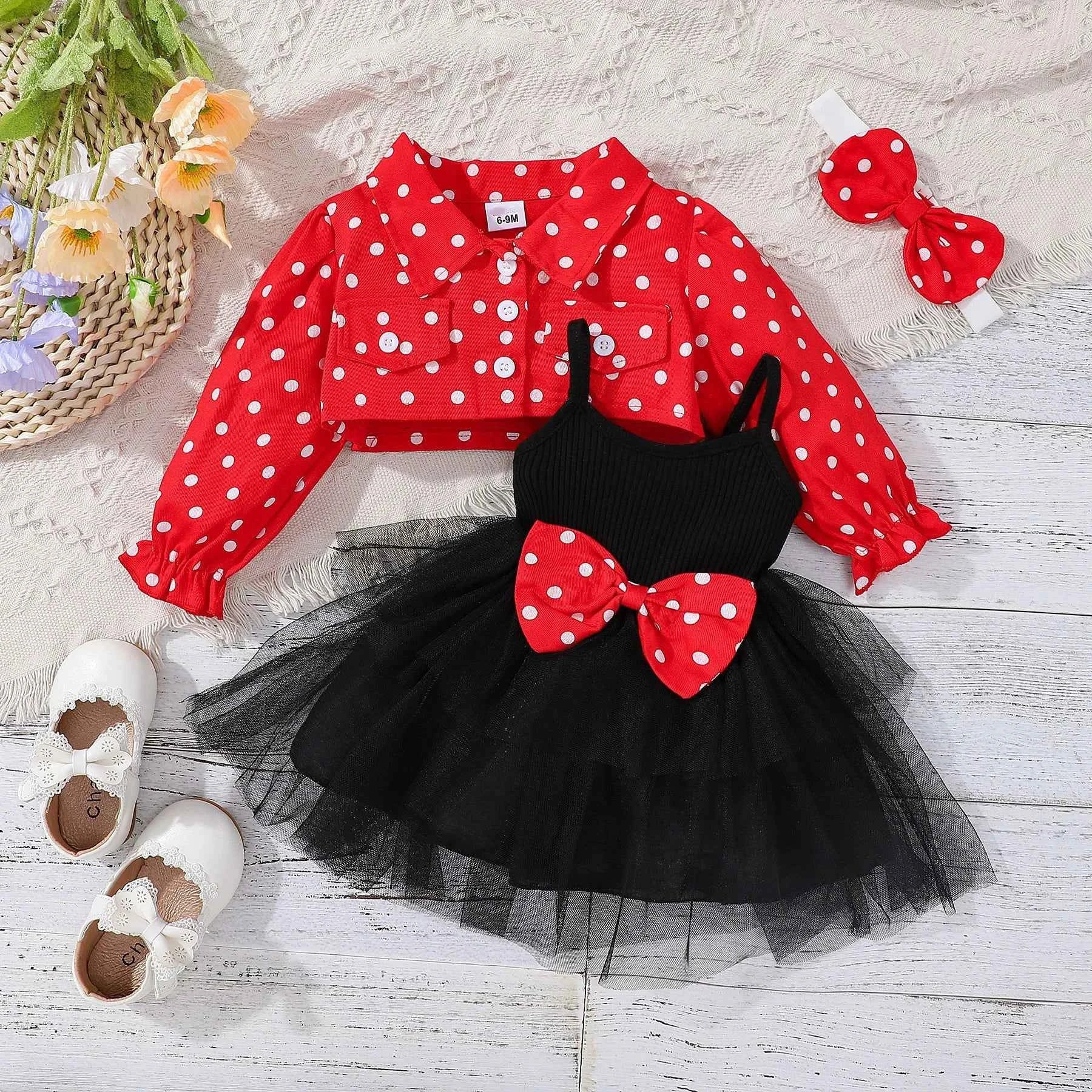 Prowow Infants Baby Birthday Dresses Red Polka Dots Coat Jacket+Bow Black Princess Dress Newborns Girl Cake Smash Outfits