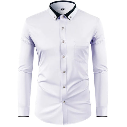 4XL Stand Up Collar Long Sleeve Shirt for Men Social Camisa Anti-wrinkle Pockets with Diamond Button Down White Shirt Black Blue
