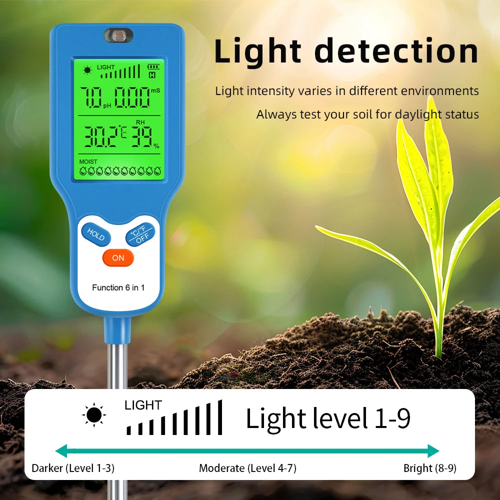 90° Digital 6 in 1 Multifunctional Soil PH Temperature Meter Farm Garden Fertility Moisture Sunlight Humidity Tester Detector - AMULET RING STORE