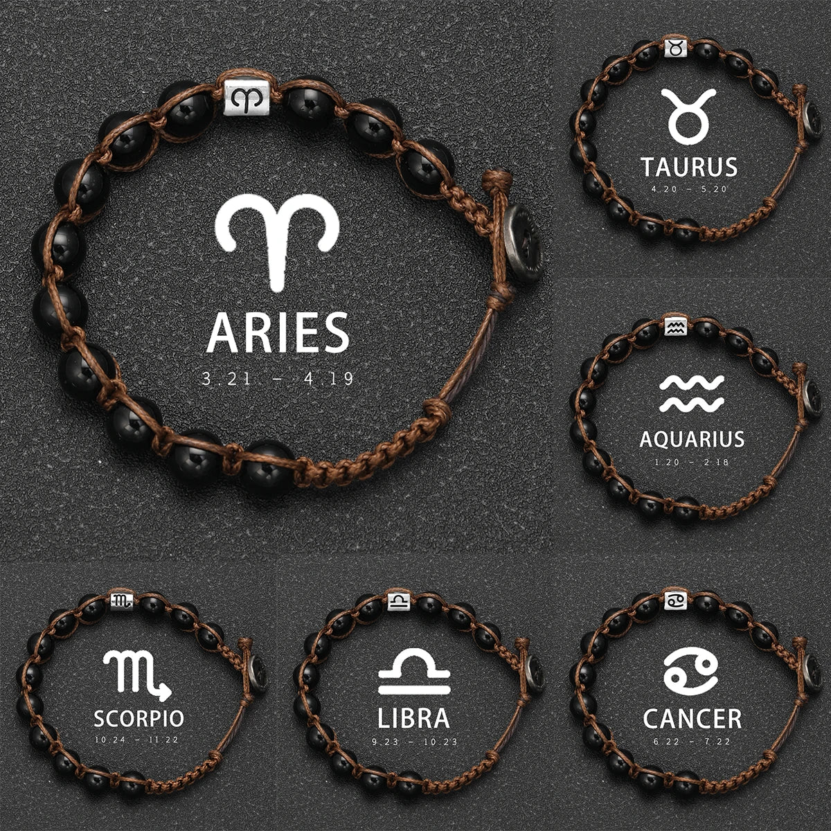 12 Zodiac Natural Stone Obsidian Hand-Woven Bracelets Cancer  Pisces Men's Bracelets Couples Friendship Jewelry pulseras hombre