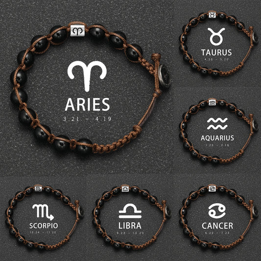 12 Zodiac Natural Stone Obsidian Hand-Woven Bracelets Cancer  Pisces Men's Bracelets Couples Friendship Jewelry pulseras hombre