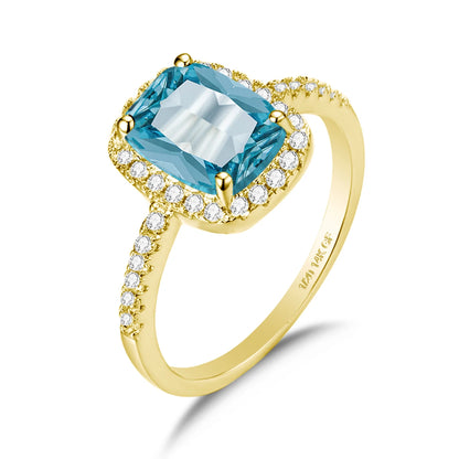 Solid 14K Gold Filled Aquamarine Ring for Women Retro Halo Design Gemstone Ring for Party Mother's Day Gifts Vintage Jewellery