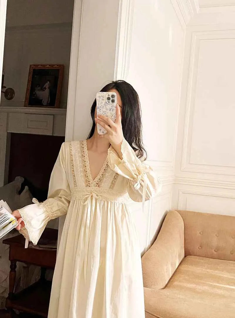 Vintage Embroidery Cotton Long Nightgowns For Lady Lace  Long Sleeve Beige Elegant Nightshirts Comfortable Sexy Night Dress