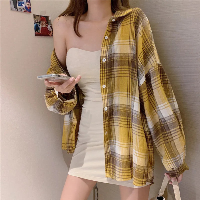 Plaid Shirt Women Spring Long Sleeve Top Female Vintage OL Fashion Single Breasted Blouse Ladies Preppy Style Loose Check Shirts