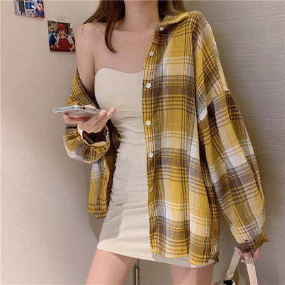 Plaid Shirt Women Spring Long Sleeve Top Female Vintage OL Fashion Single Breasted Blouse Ladies Preppy Style Loose Check Shirts