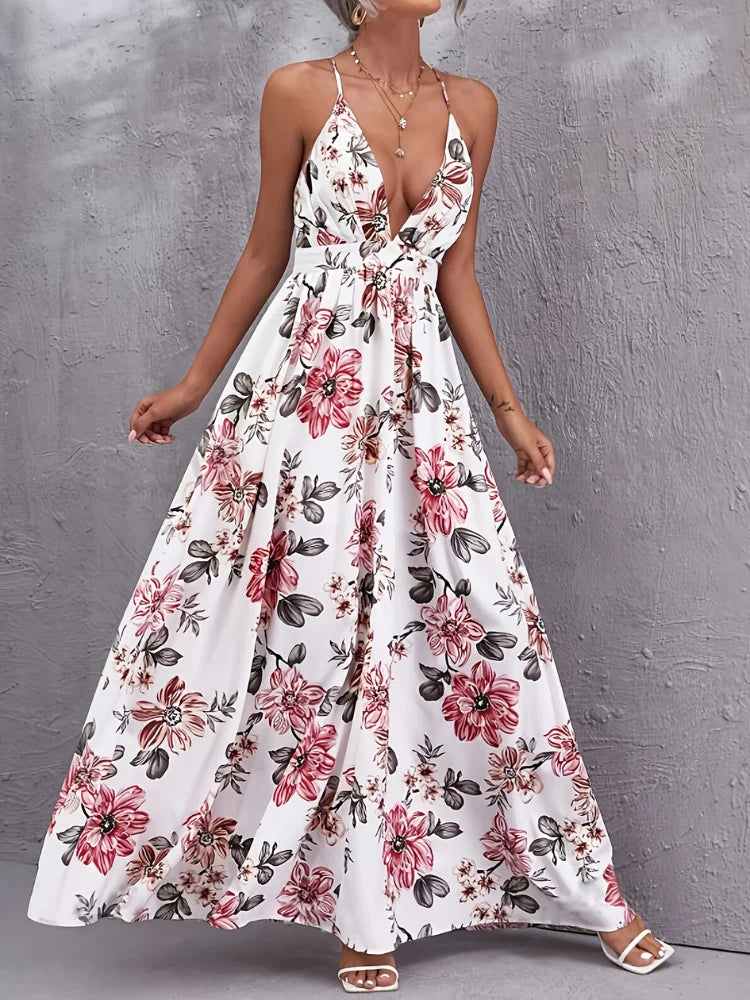 Wefads Women's Maxi Dress Sexy Printed Backless Slim Dress Long Spaghetti Shoulder Strap Elegant Dress - AMULET RING STORE